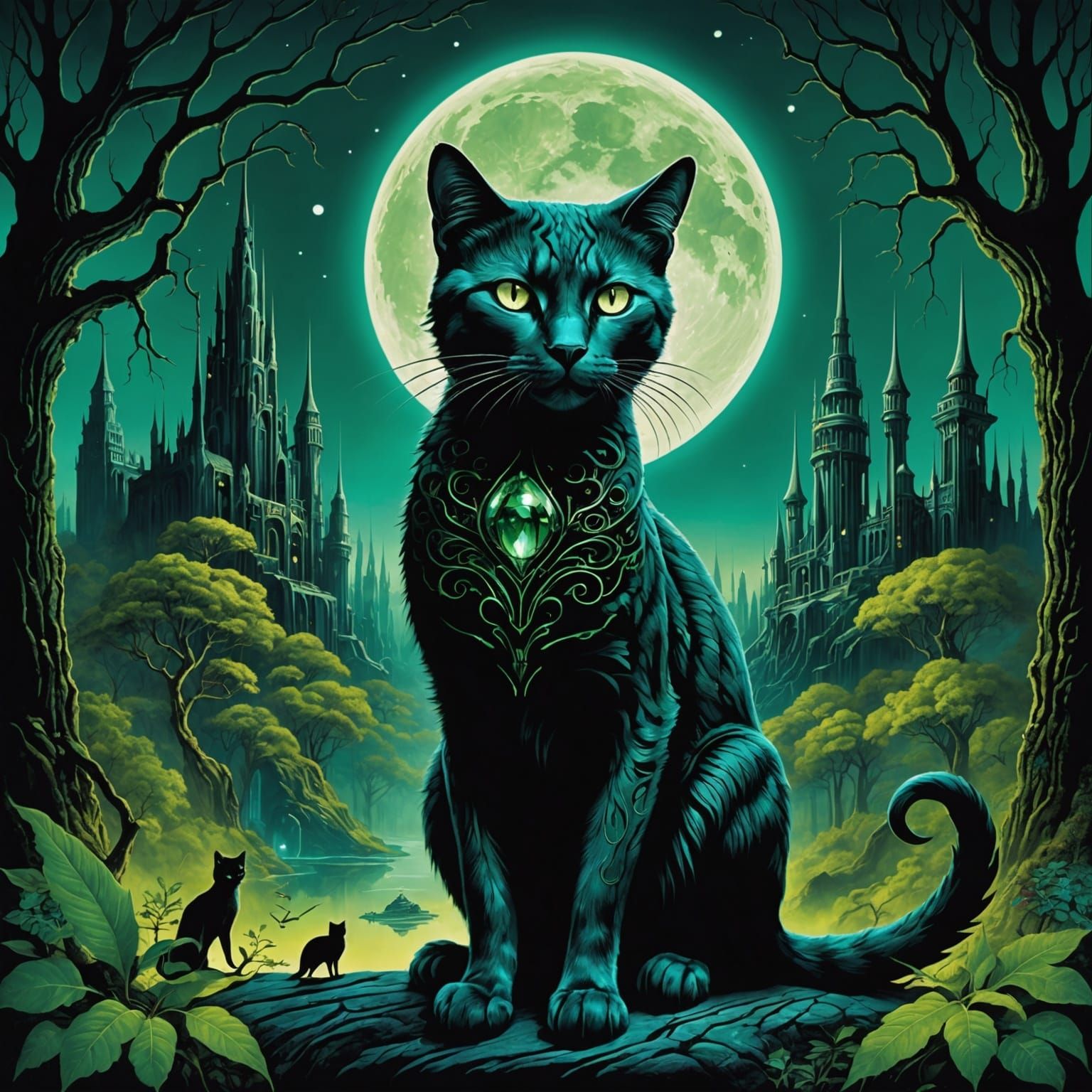 Mystical Cat Silhouette with Emerald Forest, Biomechanical F...