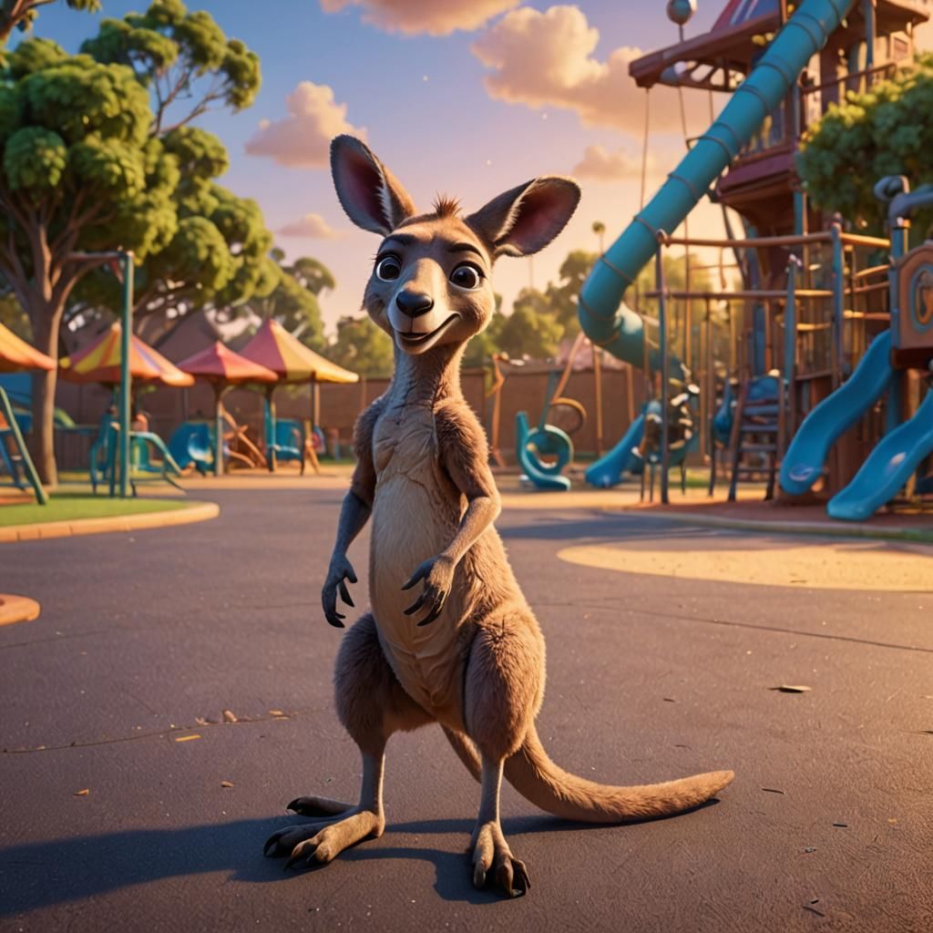 Kangaroo on Playground: Pixar-Style 3D Digital Art