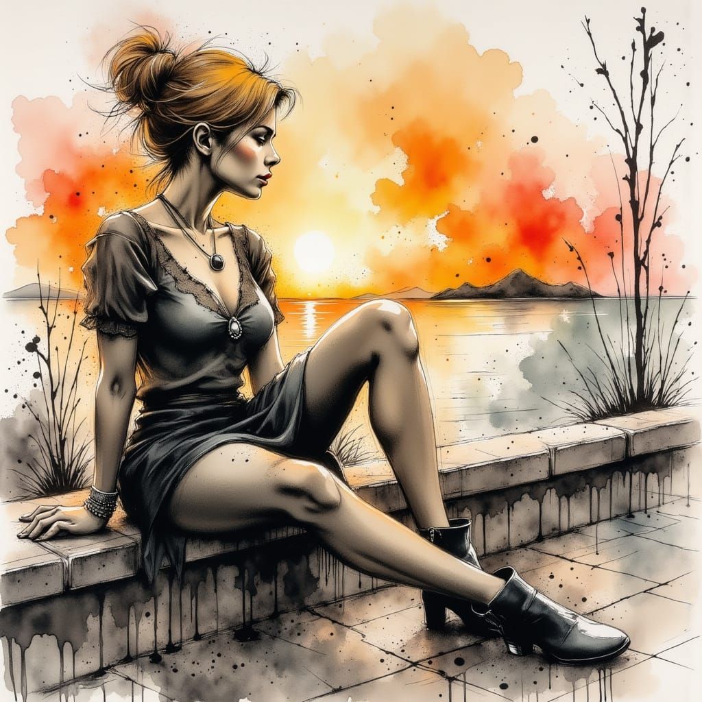 Woman on Terrace Overlooking Sea at Sunset