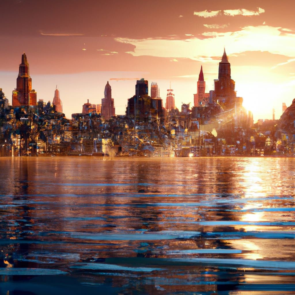 Fantastical City Skyline at Sunset: Detailed Matte Painting