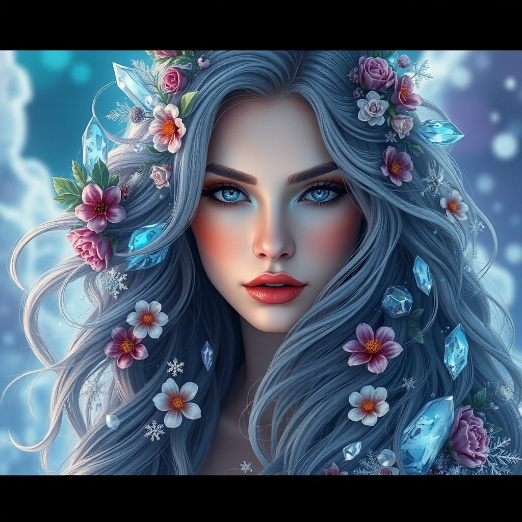 Ethereal Winter Goddess with Floral Hair and Crystal Weave