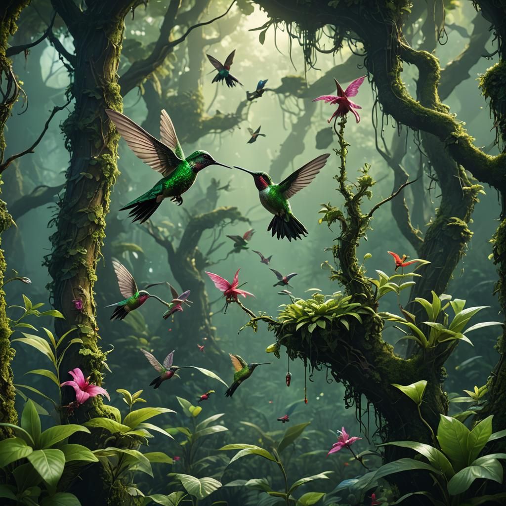 Hummingbird in a Lush Green Fairy Forest
