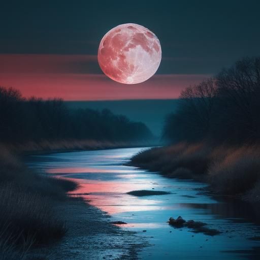 Burning River Under Sapphire Moon: Hyperrealistic HDR Image