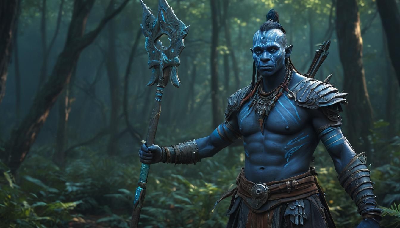 Blue-skinned Warrior in Mystical Forest, Digital Art