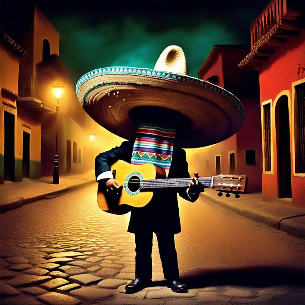 Mexican Guitarist in Enormous Sombrero: Vintage Photo