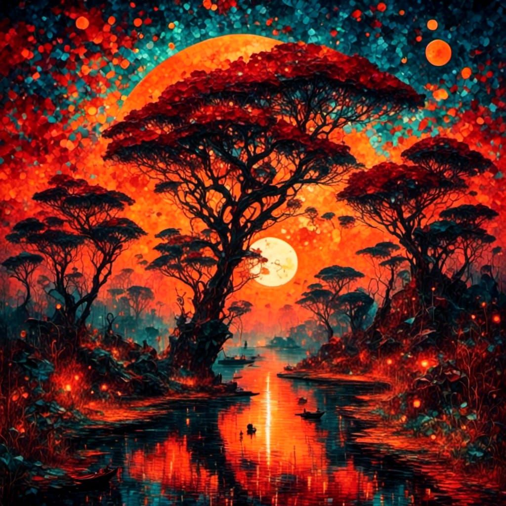 Red Sunrise Over African Savannah Landscape