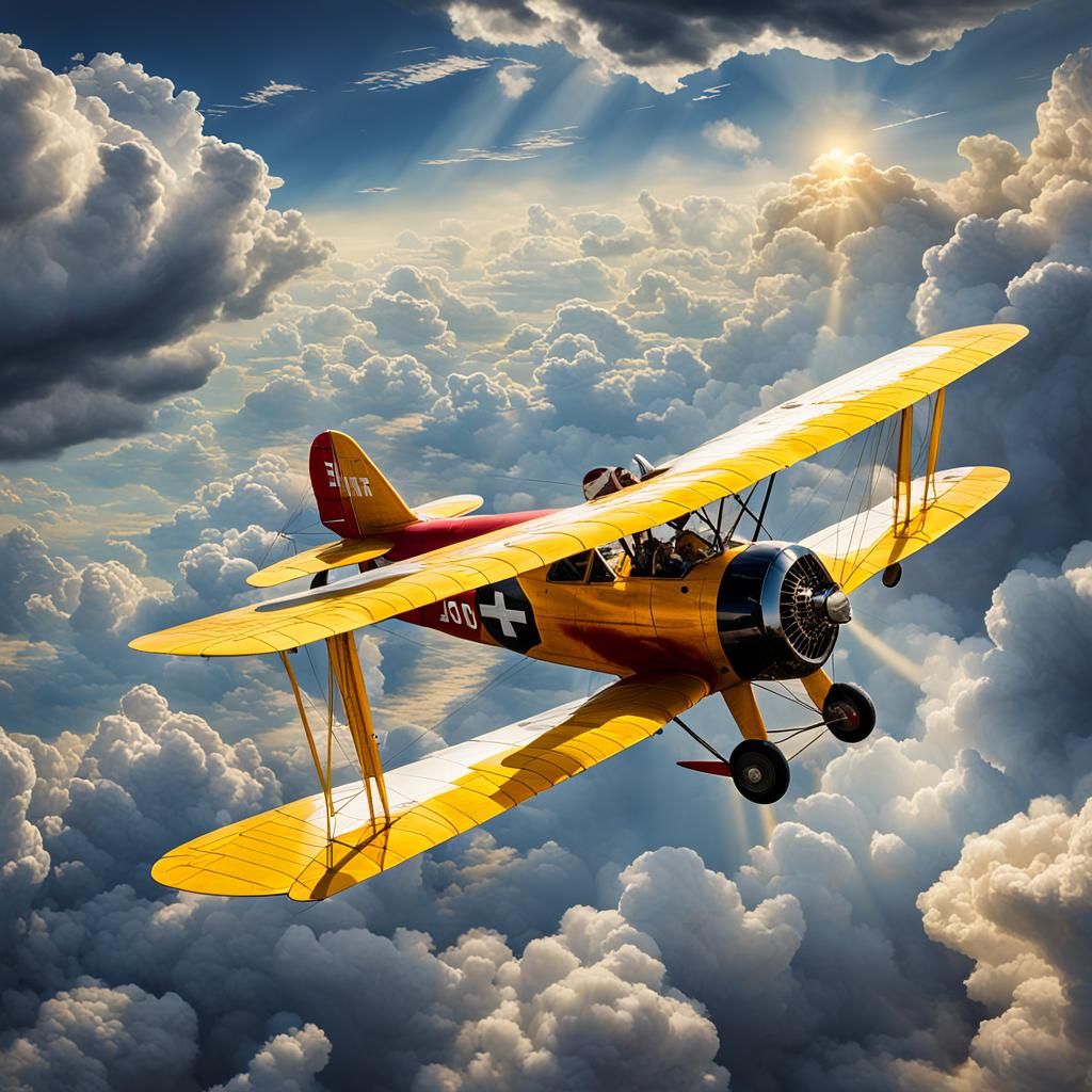 Stearman Biplane Soaring Through Clouds: Digital Aviation Ar...