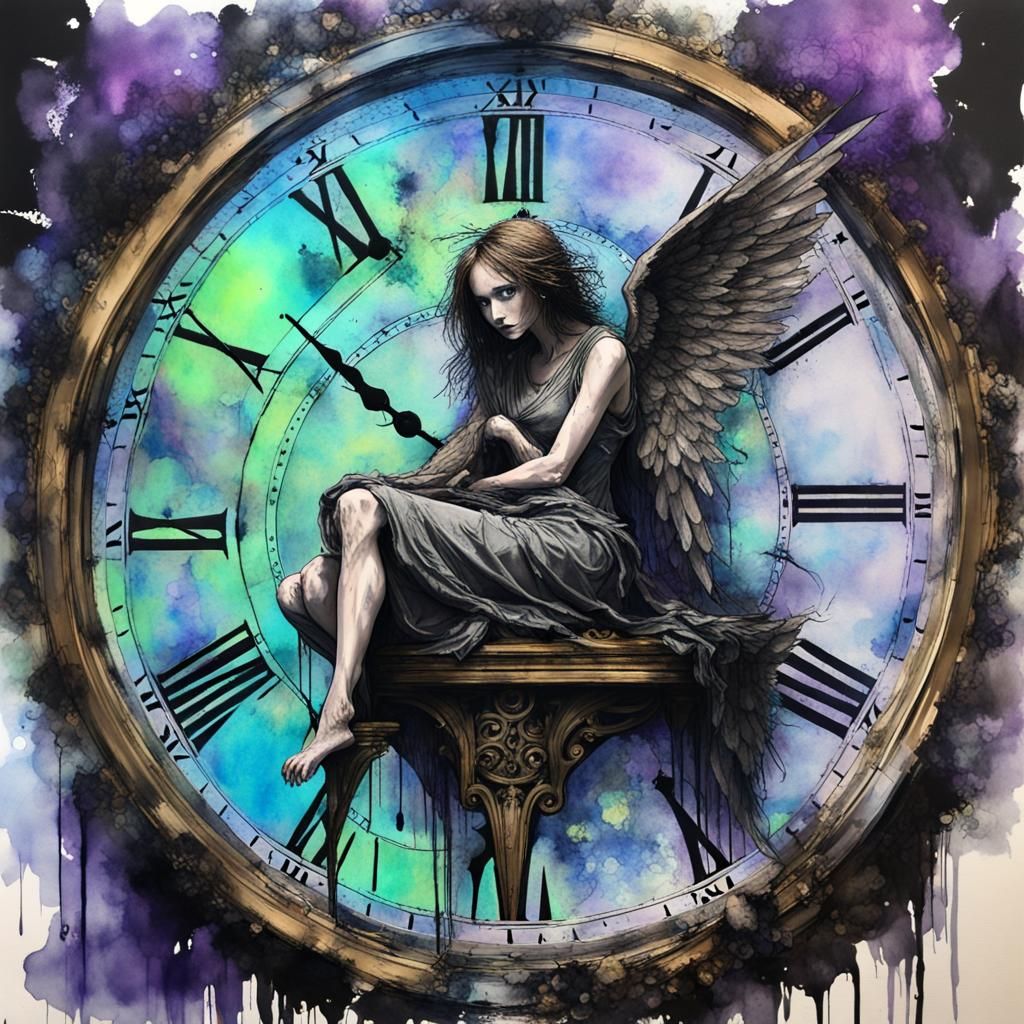 Angel of Death on Clock in Fluorescent Art