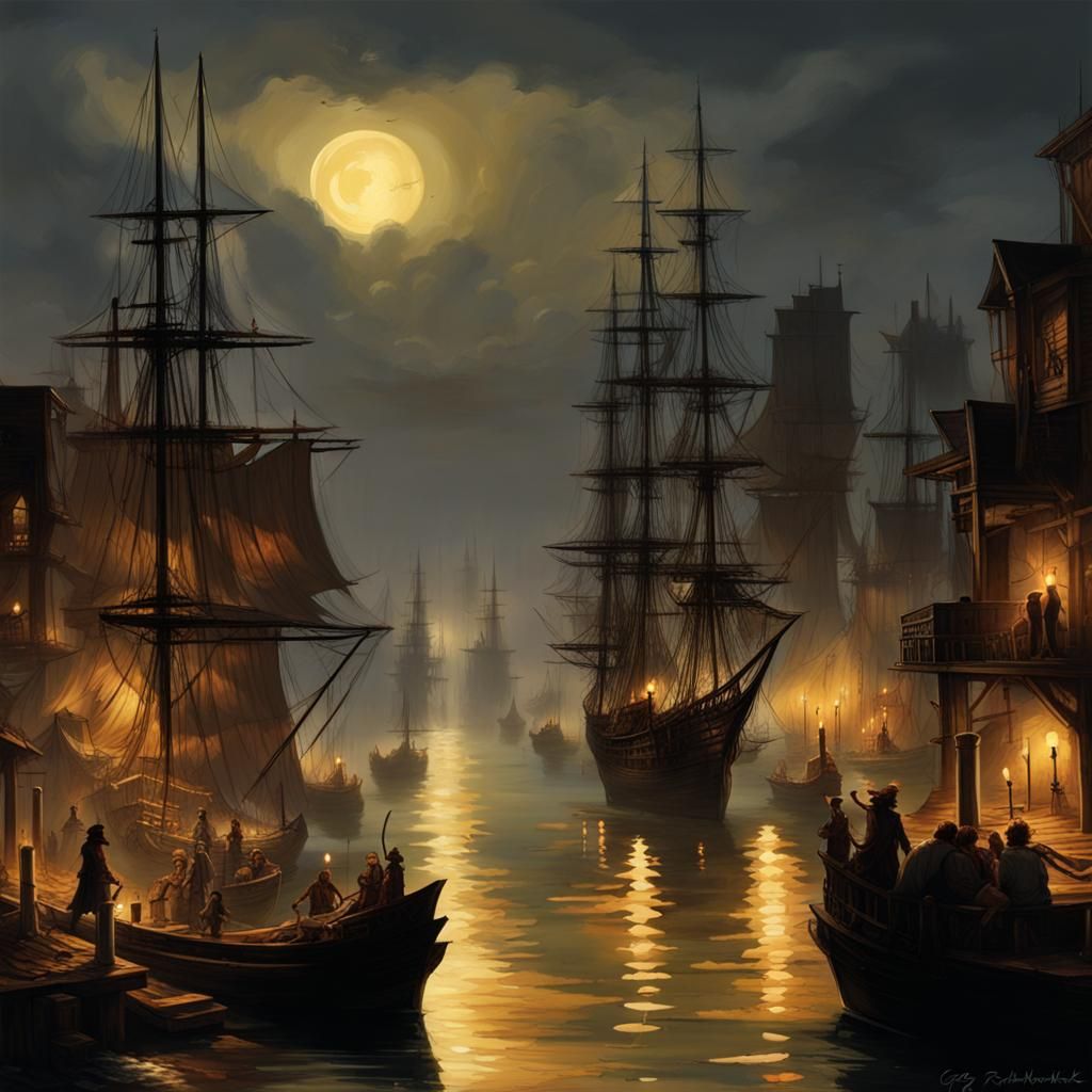 Pirate Port City at Night, Sinister Fantasy Art