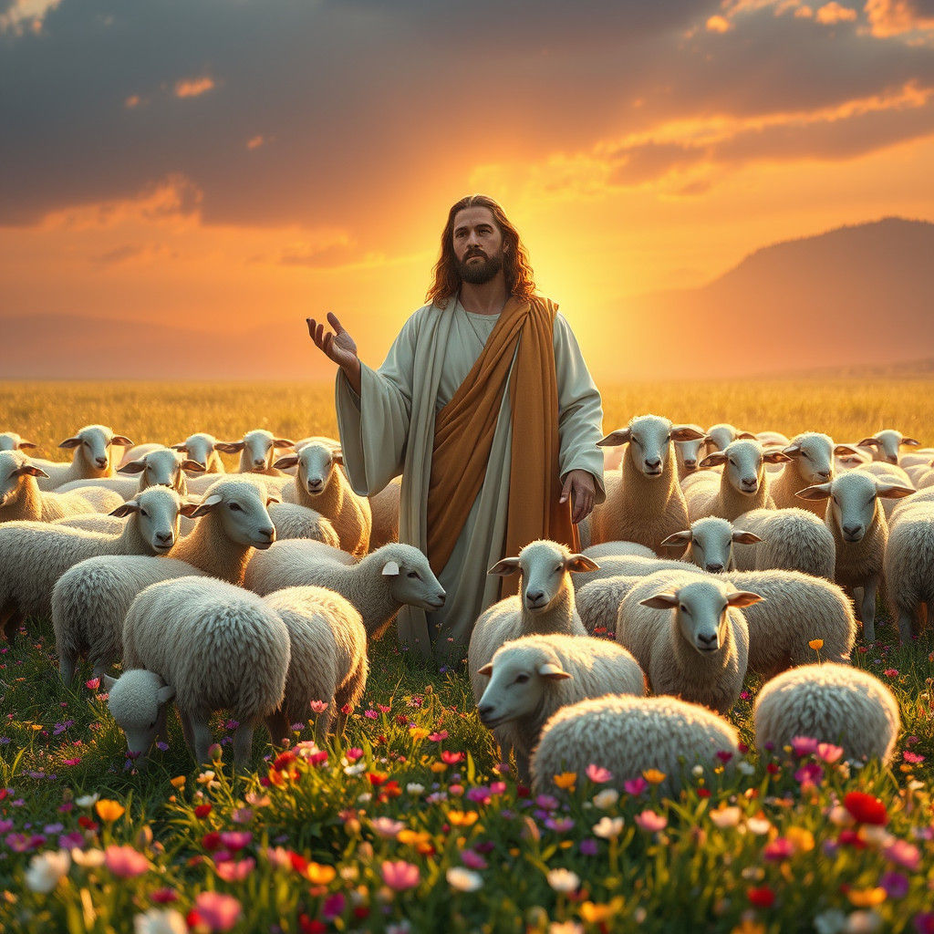Jesus and Sheep in Meadow at Sunset