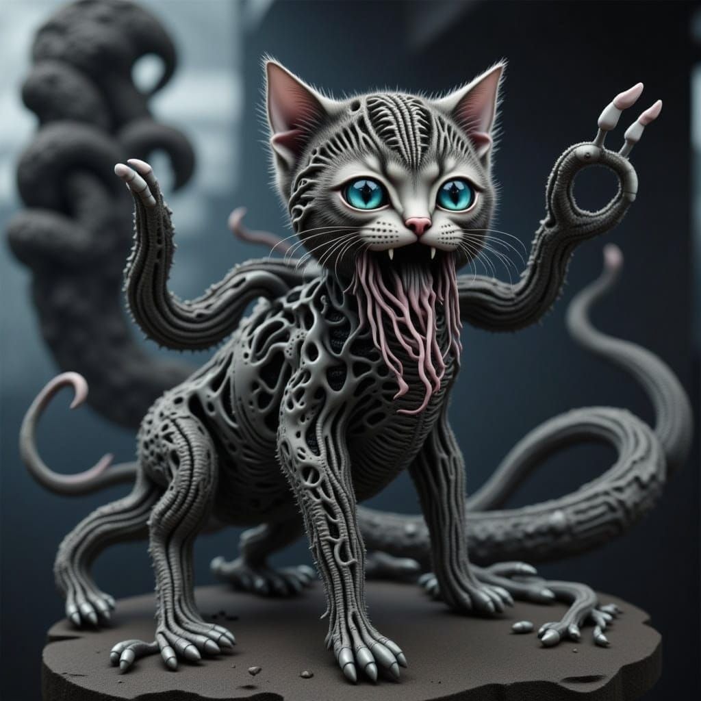 Mountain-Scale Biomechanical Kitten-Kraken in HR Giger Style