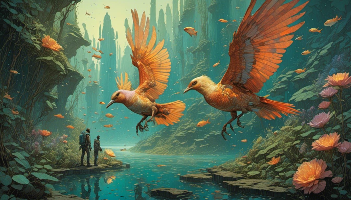Baroque Sci-Fi Bird Catching Fish: Ornithological Illustrati...