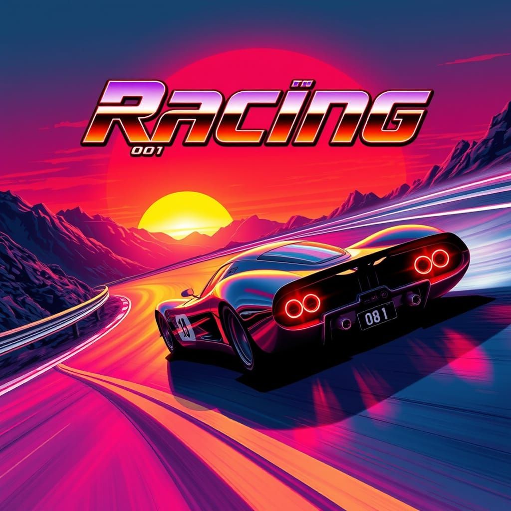 Racing 001: Futuristic Speedster in Neon-Lit Sunset
