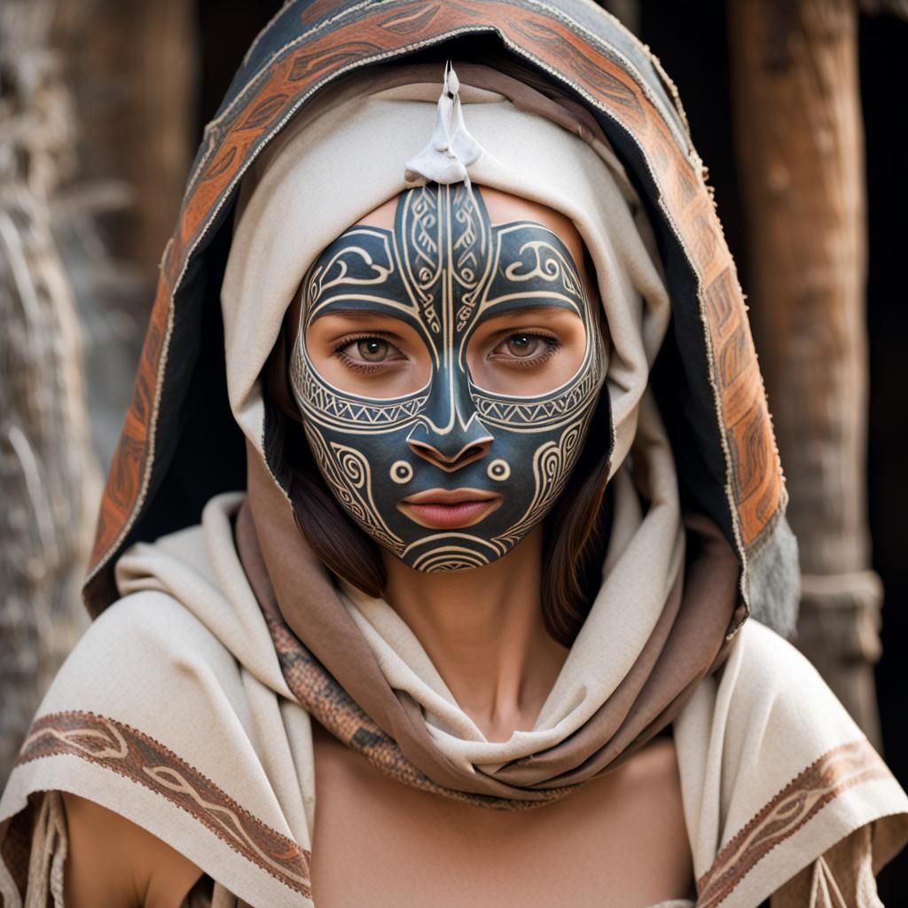 Mysterious Woman with Tribal Mask and Hood