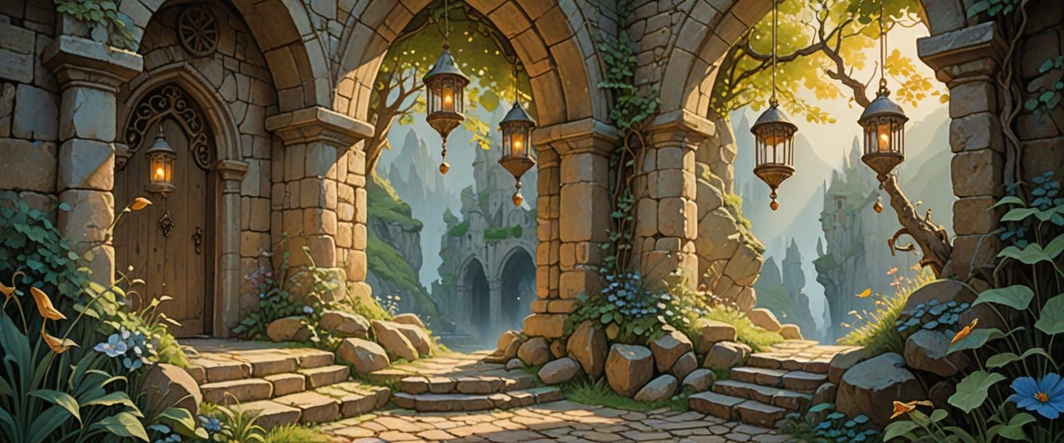 Whimsical Monastery Passageway in Watercolor and Gouache Sty...