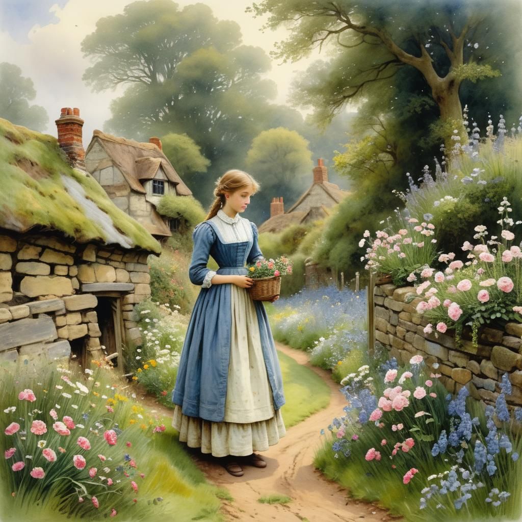 English Cottage Garden Watercolor Painting