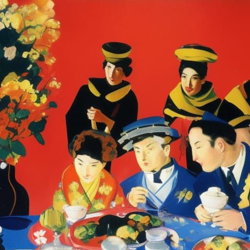Hedgehog's Kimono Party: A Dieselpunk Gouache Composition