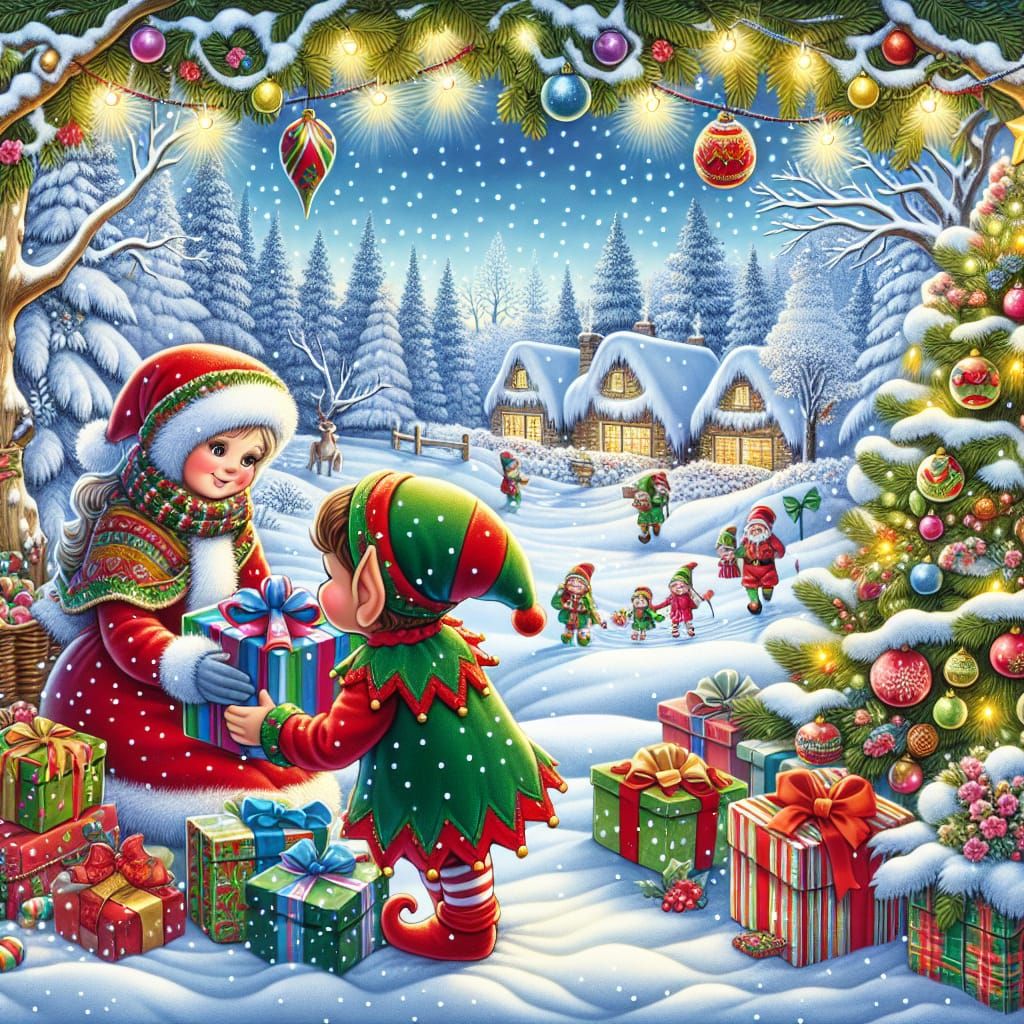 Joyful Elf Mom Christmas Celebration in a Snowy Woodland