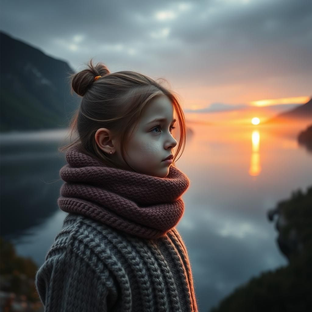 Scandinavian Girl at Fjord Sunset in Hyperrealism