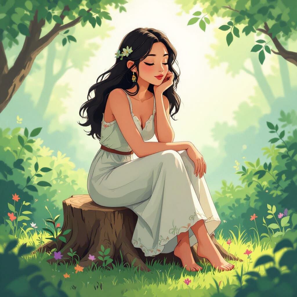 Woman in Nature: A Whimsical Animation Scene