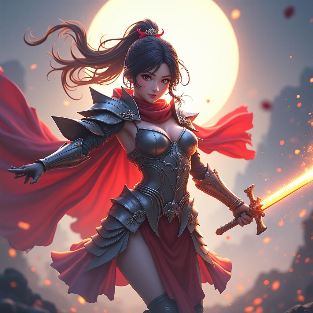 Anime Warrior Unleashes Sword Slash in Ethereal Light