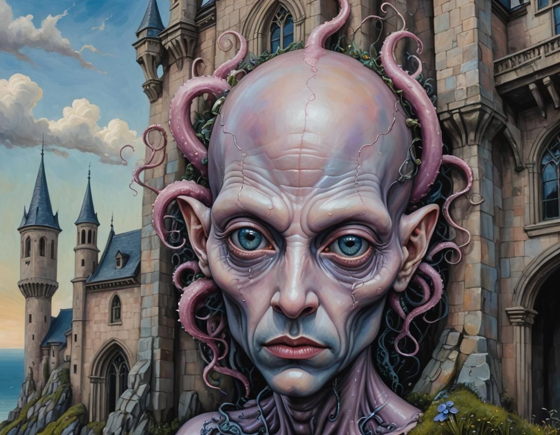 Surreal Alien Portrait with Gothic Architecture