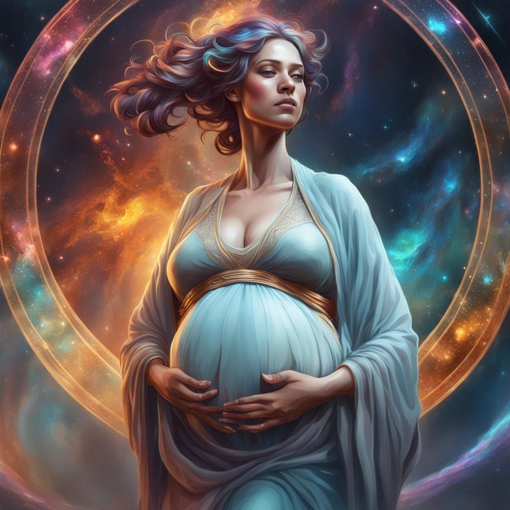 Pregnant Woman in Galaxy, Art Nouveau Portrait