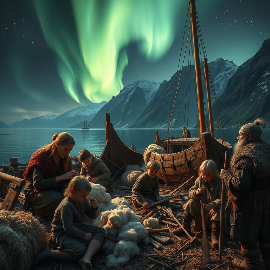 Viking Villagers Repair Longships Under Aurora