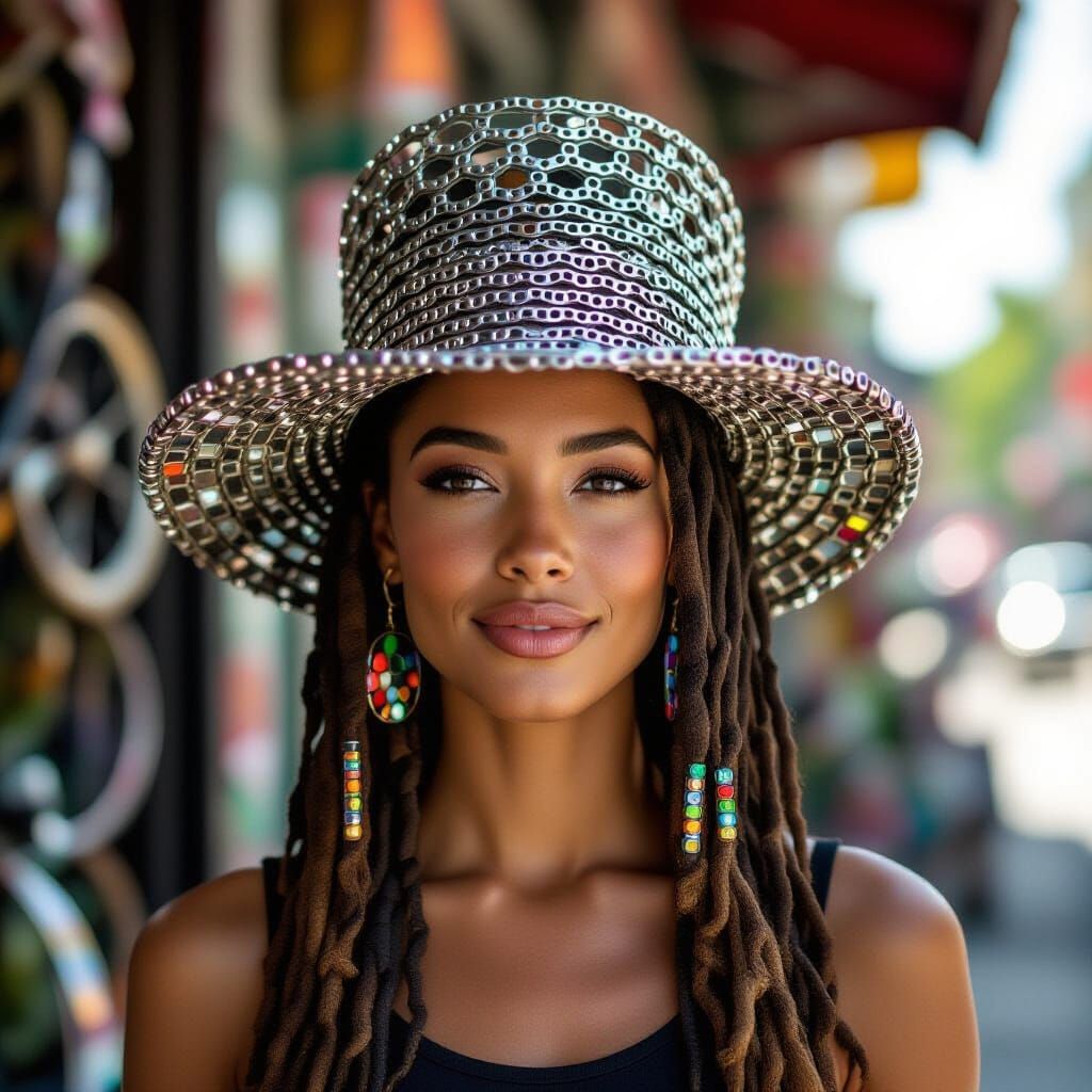 Woman Wears Hat Made of Bicycle Chains