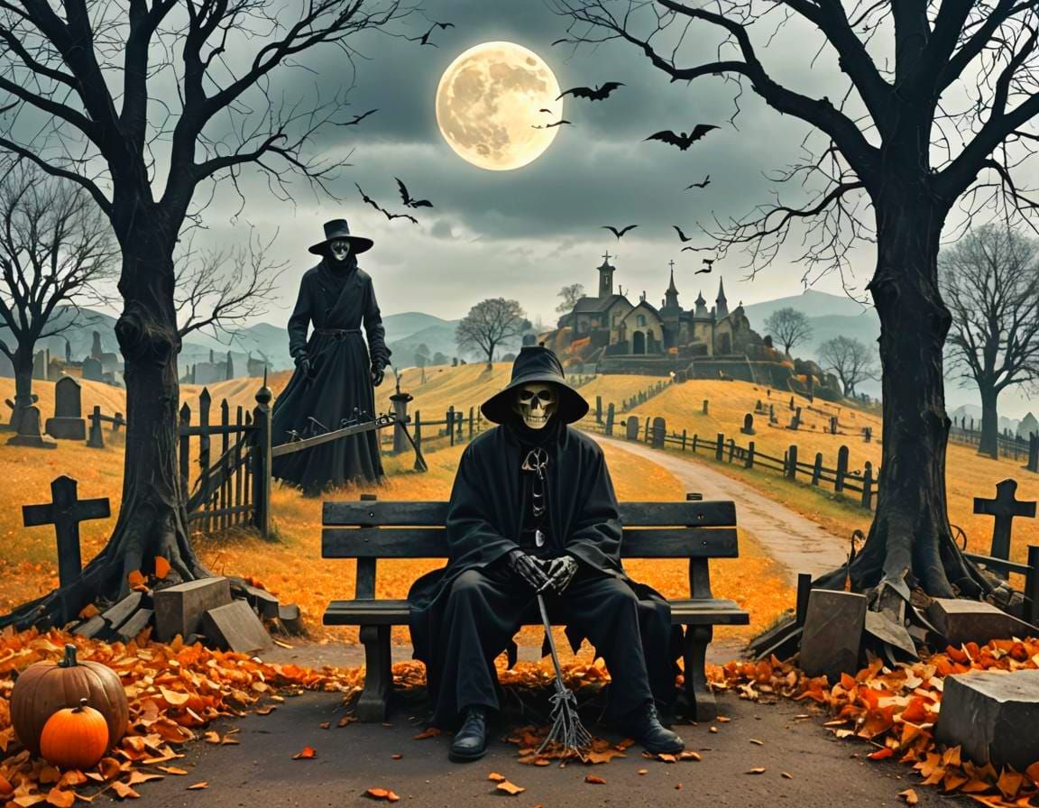 Scarecrow and Grim Reaper in Autumn Double Exposure