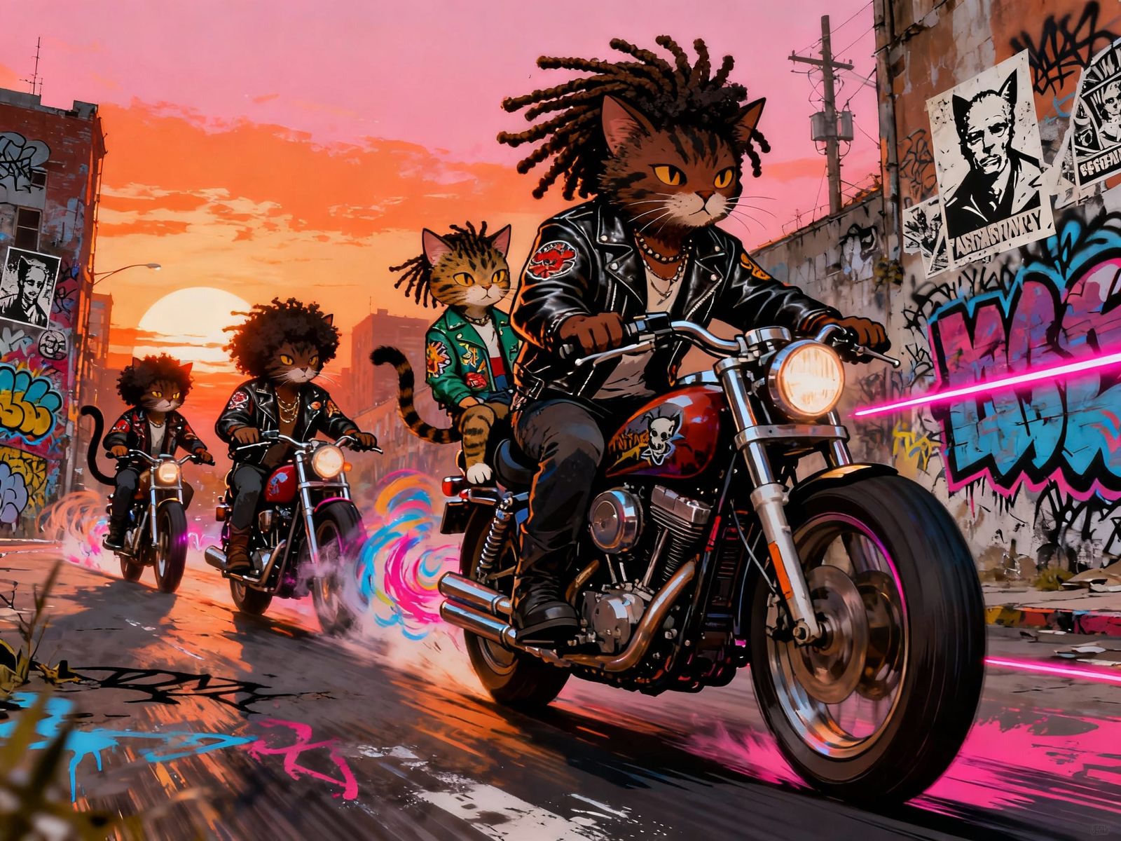 Afrocentric Cat Family Rides Motorcycles Through Graffiti Ci...
