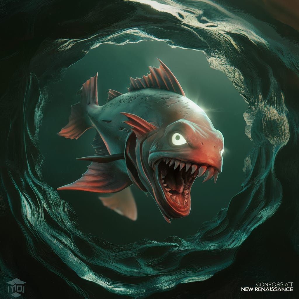 Menacing Piranha in Murky Water, Digital Painting