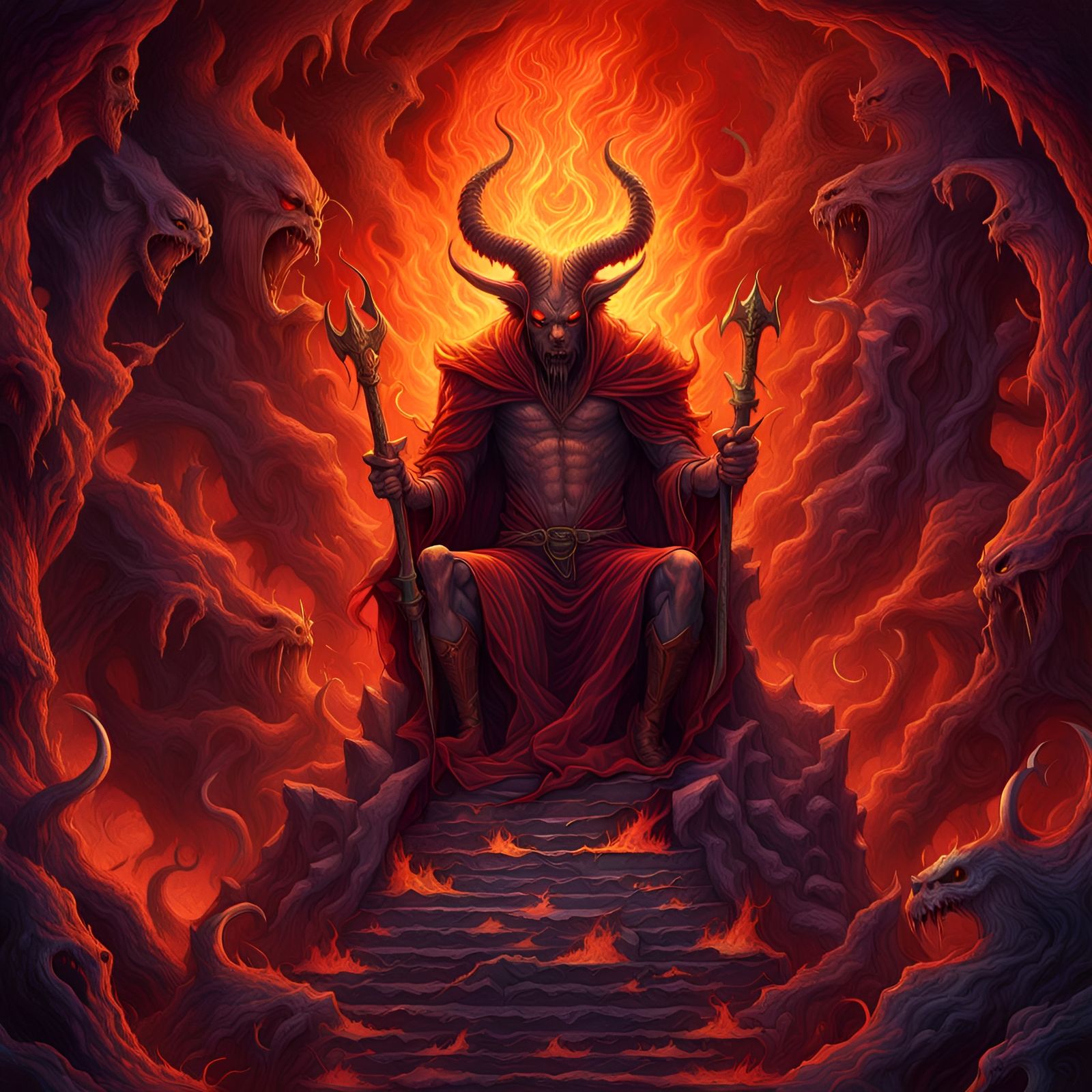 Hyperrealistic Satan in a Fire-Filled Cave