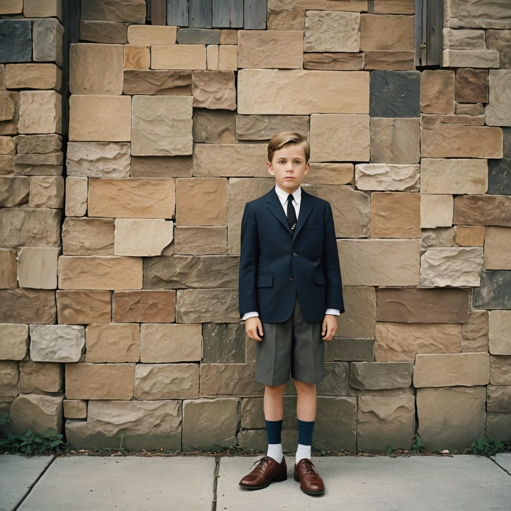 Boy in Suit Outside Church, Abstract Art Style