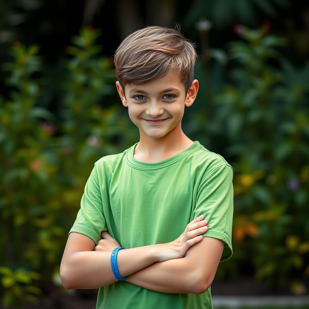 Twelve-Year-Old Boy with Devilish Smile in Garden