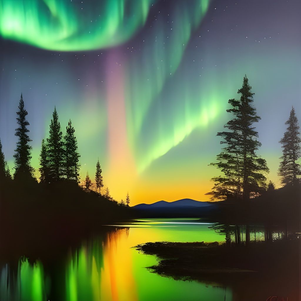 Impressionist Aurora Borealis Night Sky Reflection