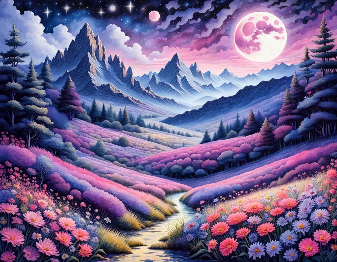 Floral Field with Purple Moon in Watercolor Style