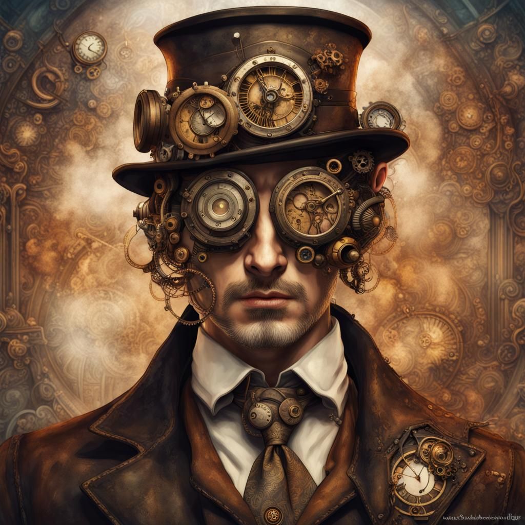 Steampunk Man's Face in Watercolor Ink Style