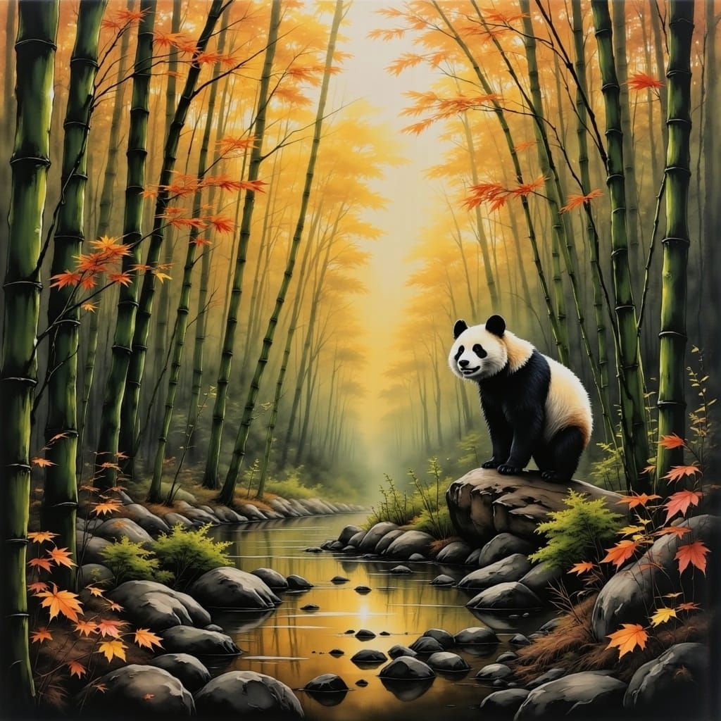 Panda in Bamboo Forest with Sunrays, Ink Art