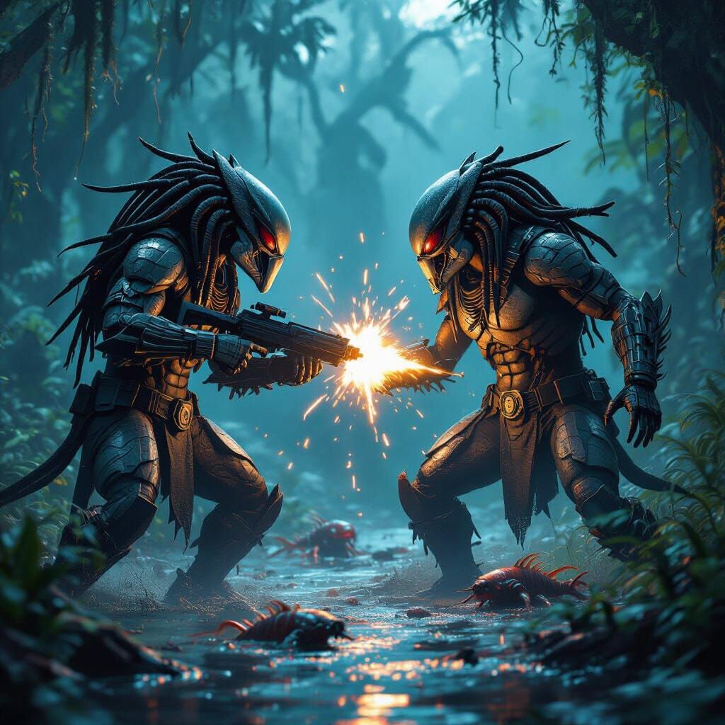 Predators Battle Aliens and Piranha in Bioluminescent Jungle
