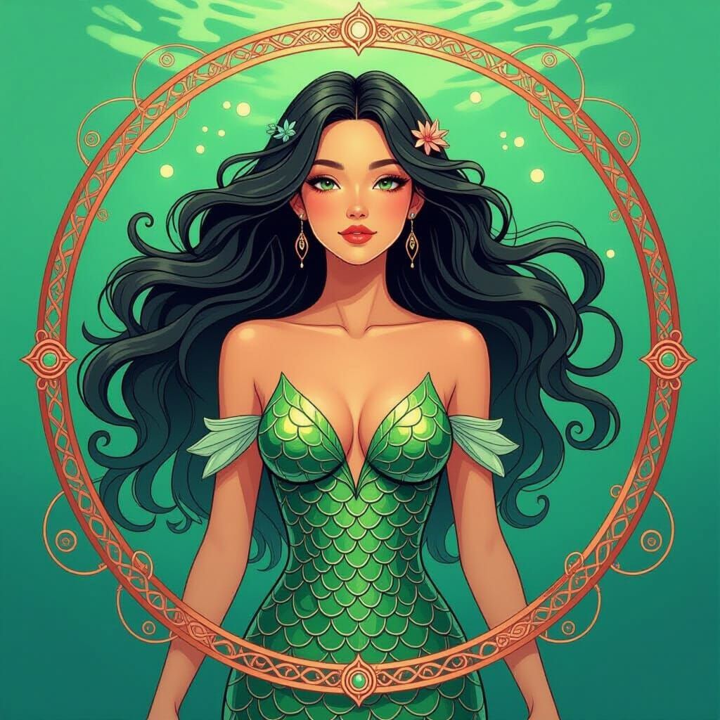 Green background with copper lines making a mermaid image