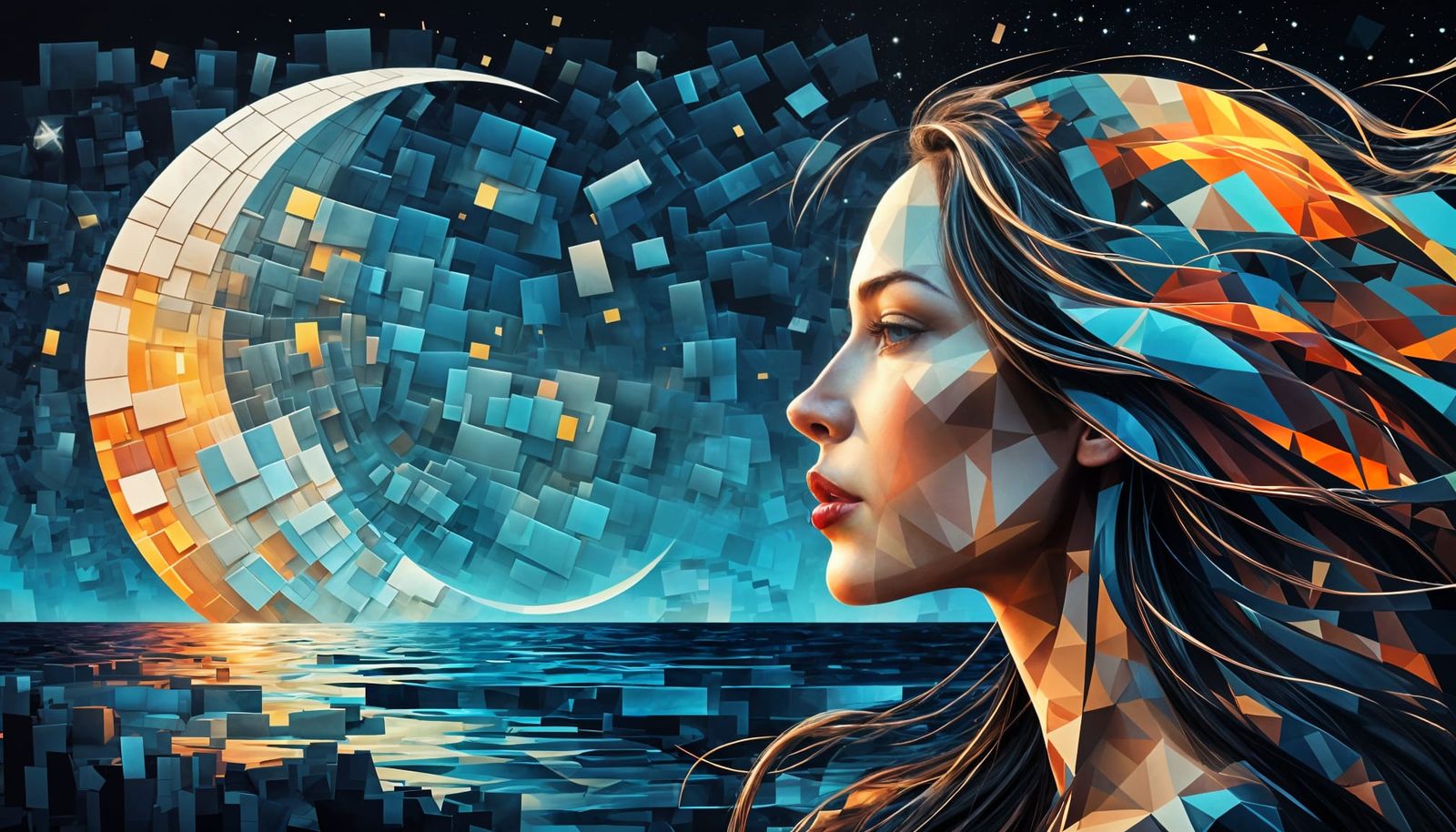 Geometric Portrait of Woman with Starry Landscape