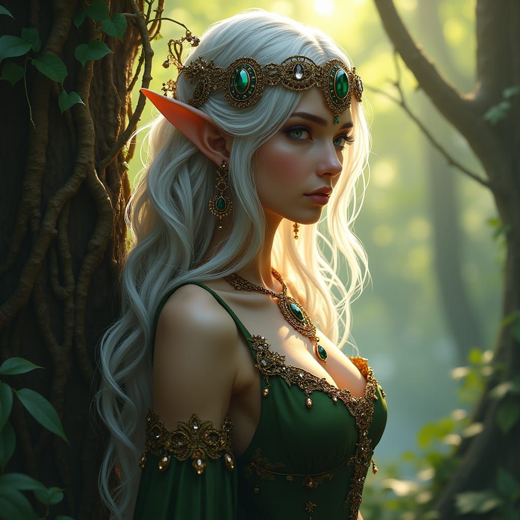 Mystical Forest Elf Maiden in Art Nouveau Style