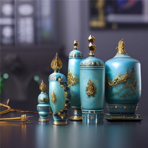 Ornate Bejeweled Perfume Bottles in Digital Art Style