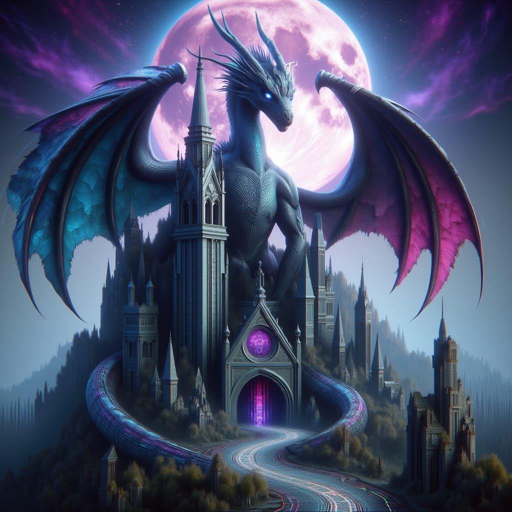 Majestic Dragon Coiled Around Gothic Cathedral Spires in Moo...
