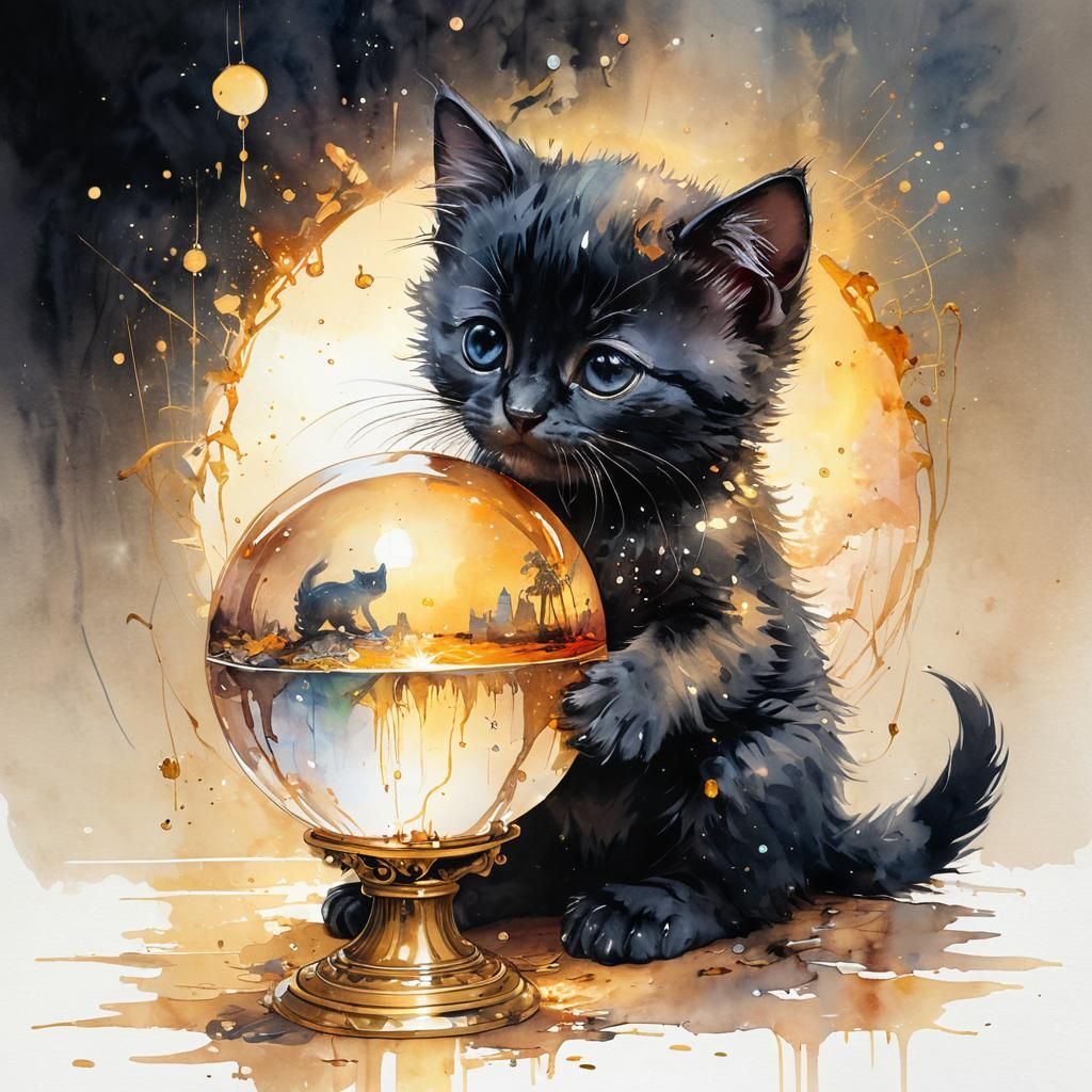 Kitten Hugging Crystal Ball in Watercolor Style