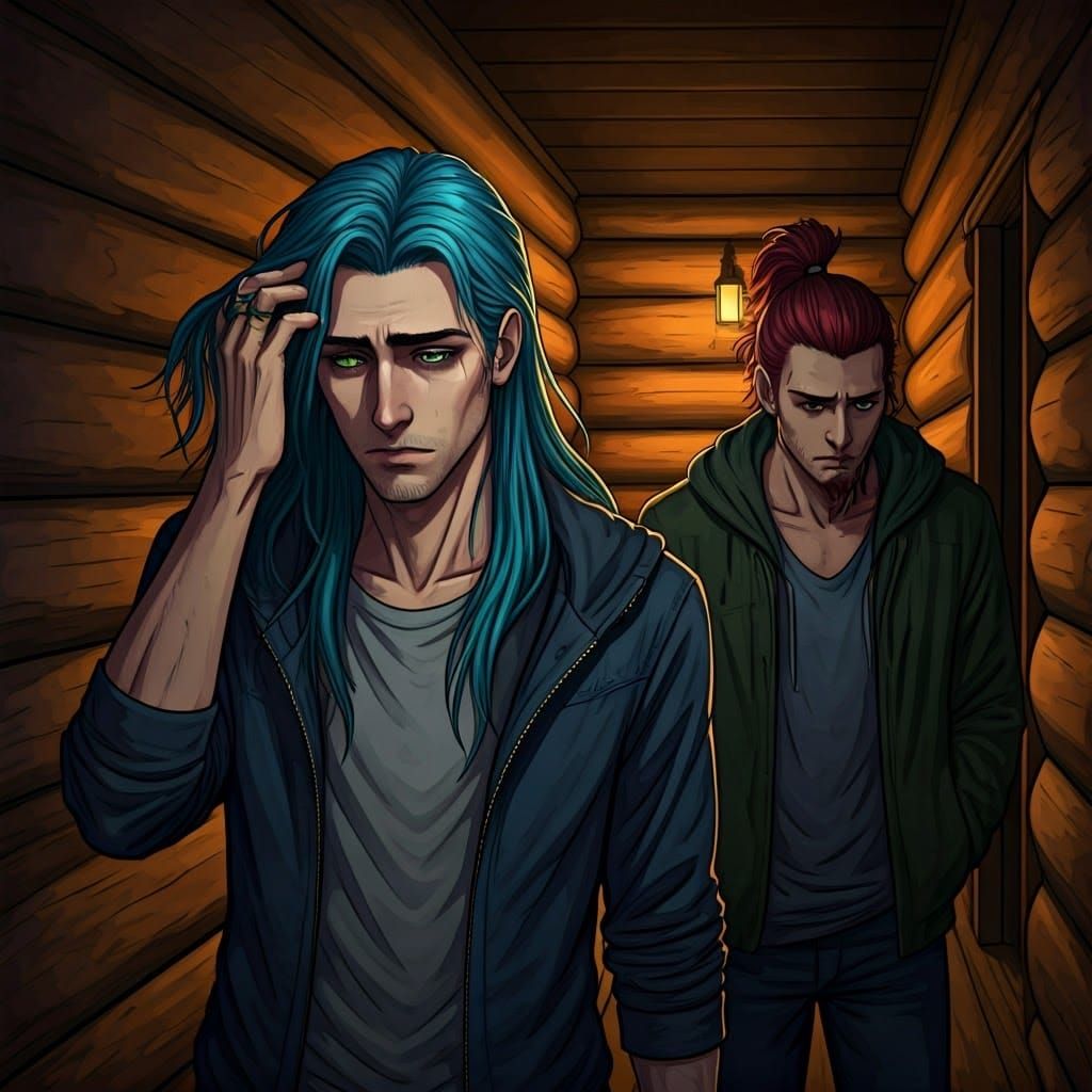 Sad Man with Neon Hair in Log Cabin