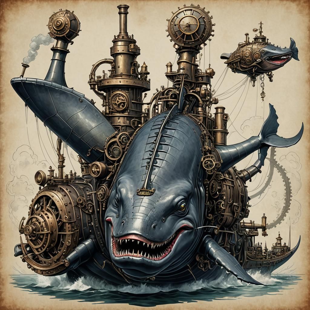 Steampunk Whale-Crocodile Hybrid Engine