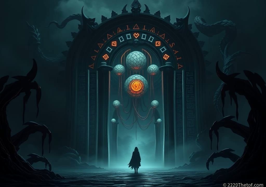 Cosmic Entity Reveals Ethereal Gateway in Dark Fantasy Art
