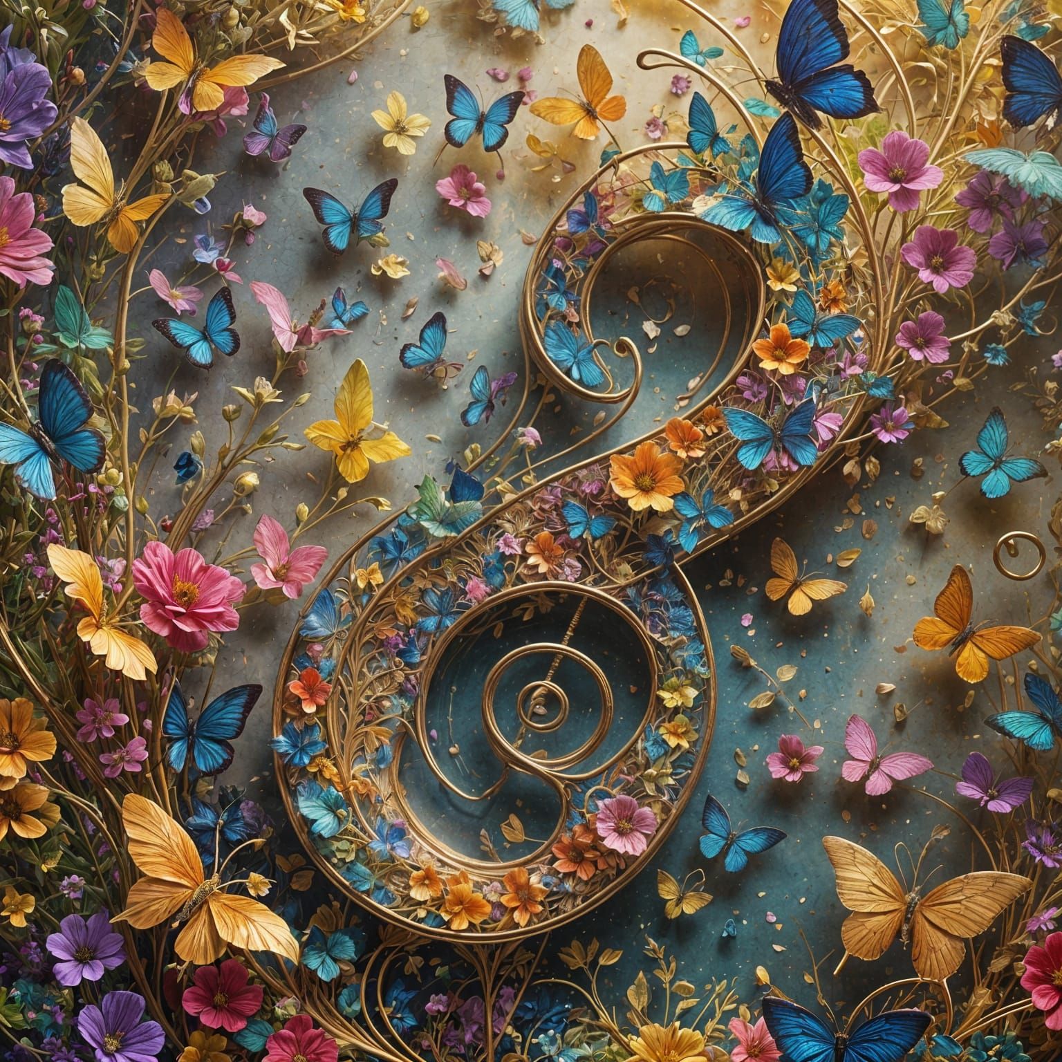 Butterfly and Flowers Reflected in G-Clef Glass